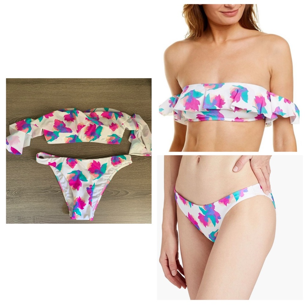 ViX Natalie Floral White Off Shoulder Bikini Set M Pink